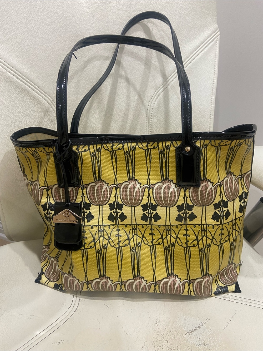 Nanette Laporte Yellow Floral Patent Trim Tote Bag